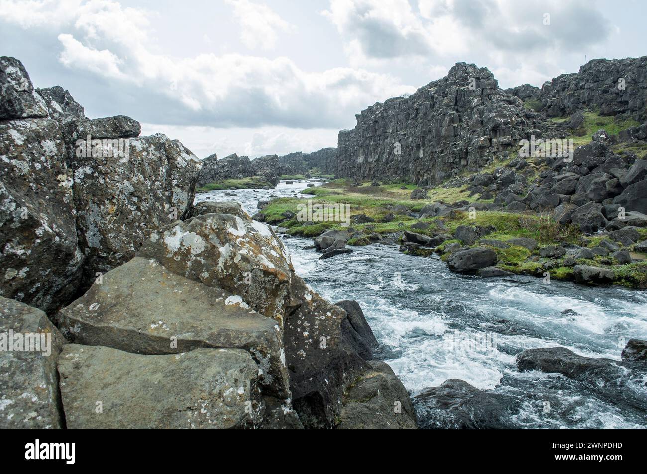 Sichtbare tektonische Platten im Thingvellir-Nationalpark - UNESCO-Weltkulturerbe - Island im Juni 2023 Stockfoto