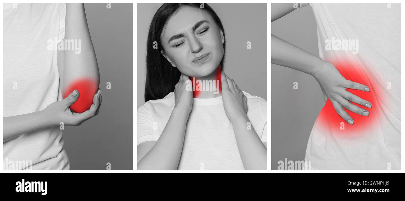 Frauen mit Rheuma, schwarz-weiß-Effekt mit rotem Akzent. Collage von Fotos, Bannerdesign Stockfoto