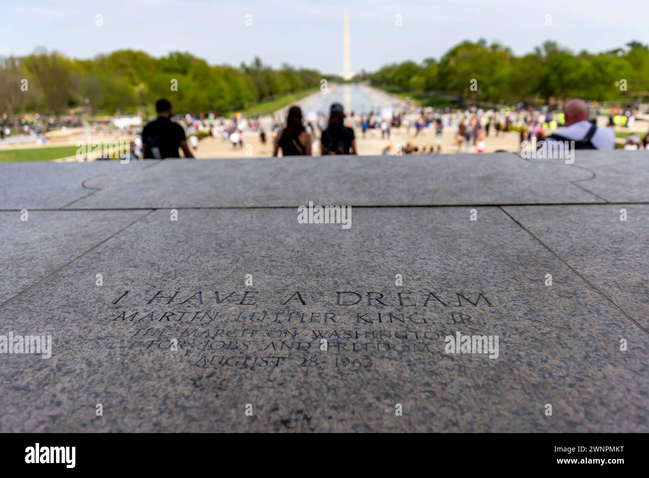 Der Ort mit Blick auf das Washington Monument, wo Martin Luther King seine berühmte Rede „Ich habe Einen Traum“ hielt. Stockfoto