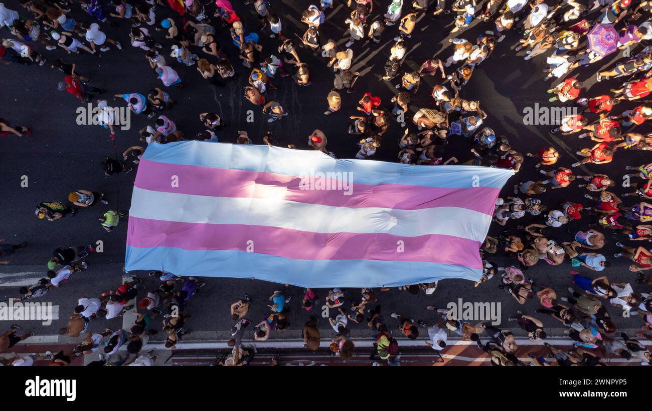 Sao Paulo, Sao Paulo, Brasilien. März 2024. Am Sonntag, dem 3. März, fand der erste Transmaskuline Marsch auf der Avenida Paulista Sao Paulo Brasil statt. Die Veranstaltung wurde vom brasilianischen Institut für Transmaskulinitäten - NÃºcleo SÃ£o Paulo (Ibrat-SP) organisiert und zielte darauf ab, Anerkennung, Sichtbarkeit und Respekt für die transmaskuline Gemeinschaft zu erlangen. (Kreditbild: © Wagner Vilas/ZUMA Press Wire) NUR REDAKTIONELLE VERWENDUNG! Nicht für kommerzielle ZWECKE! Stockfoto