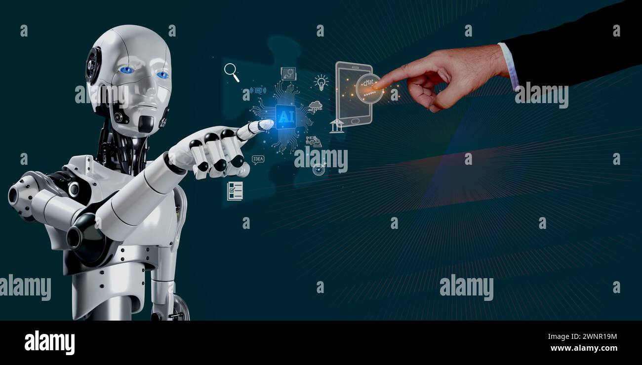 Geschäftsmann mit App im mobilen Chat zu künstlicher Intelligenz gestalteter prompter KI - Prozess durch Algorithmen die Wahl für Unternehmen treffen , Stockfoto