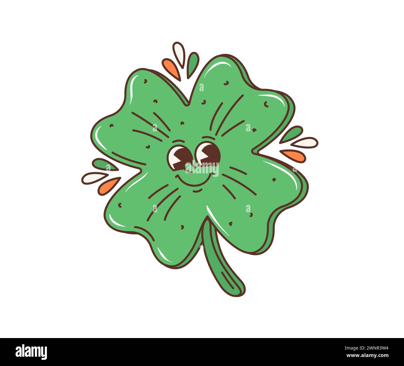 Cartoon Retro groovige grüne Kleeblatt Figur, saint patrick Day Feiertag Persönlichkeit. Isolierter Vektor-Schamrock mit lustigem Lächeln, der Freude und Glück für die irische Festivalfeier in einer skurrilen Welt verbreitet Stock Vektor