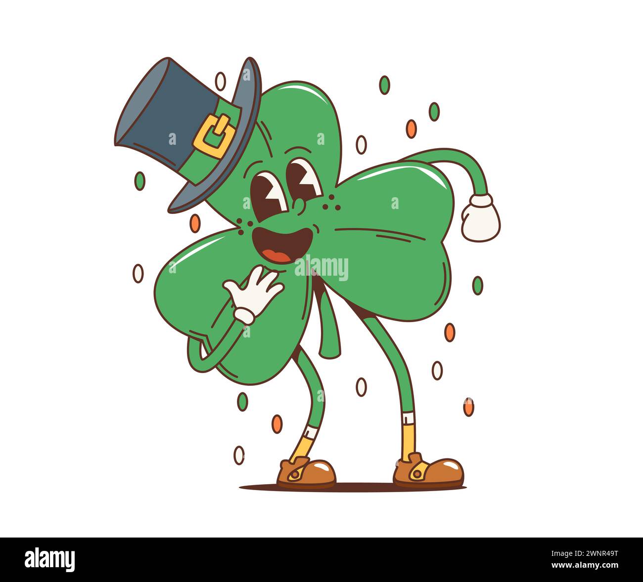 Cartoon Retro Shamrock Kleeblatt groovige Figur, saint patrick Day Feiertags-Persönlichkeit. Lustiges Vektor-Blatt mit Leprechaun-Hut und freundlichem Lächeln, das Freude und Glück für das irische Festival verbreitet Stock Vektor