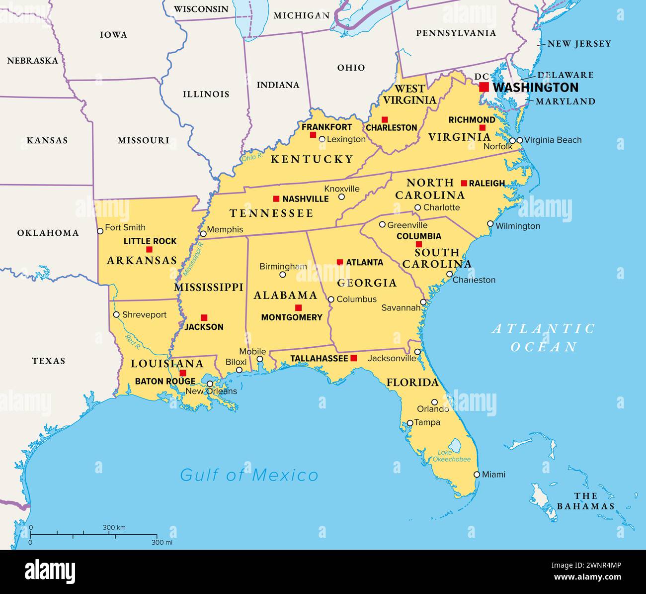Südostregion, Süden der Vereinigten Staaten, politische Karte. Geographische und kulturelle Region, auch als Südstaaten der Vereinigten Staaten bezeichnet. Stockfoto