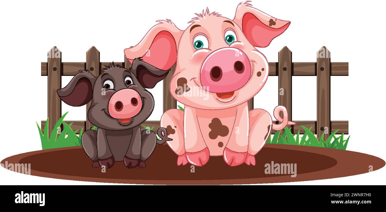 Zwei Comic Ferkel in der Nähe eines Schlammzaun Stock Vektor