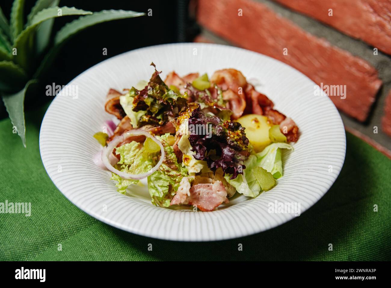 Eine herzhafte Platte mit Kartoffelsalat garniert mit knusprigen Speckstreifen, roten Zwiebeln und frischem Salat, serviert auf einer strukturierten weißen Platte. Stockfoto