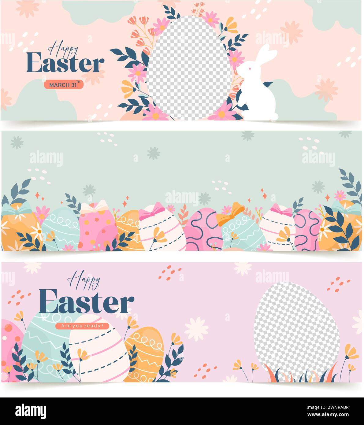 Frohe Ostern Set von Sale Banner, Grußkarten, Poster, Urlaub deckt. Trendiges Design mit Typografie, handbemalten Pflanzen, Punkten, Eiern und Hase Stock Vektor