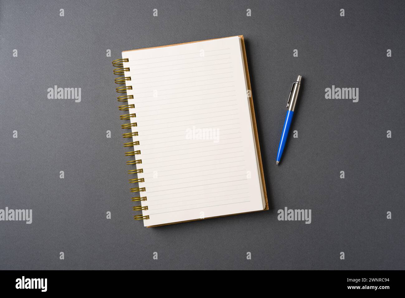 Kugelschreiber aus blauem Kunststoff und Metall auf gefüttertem Notebook Stockfoto