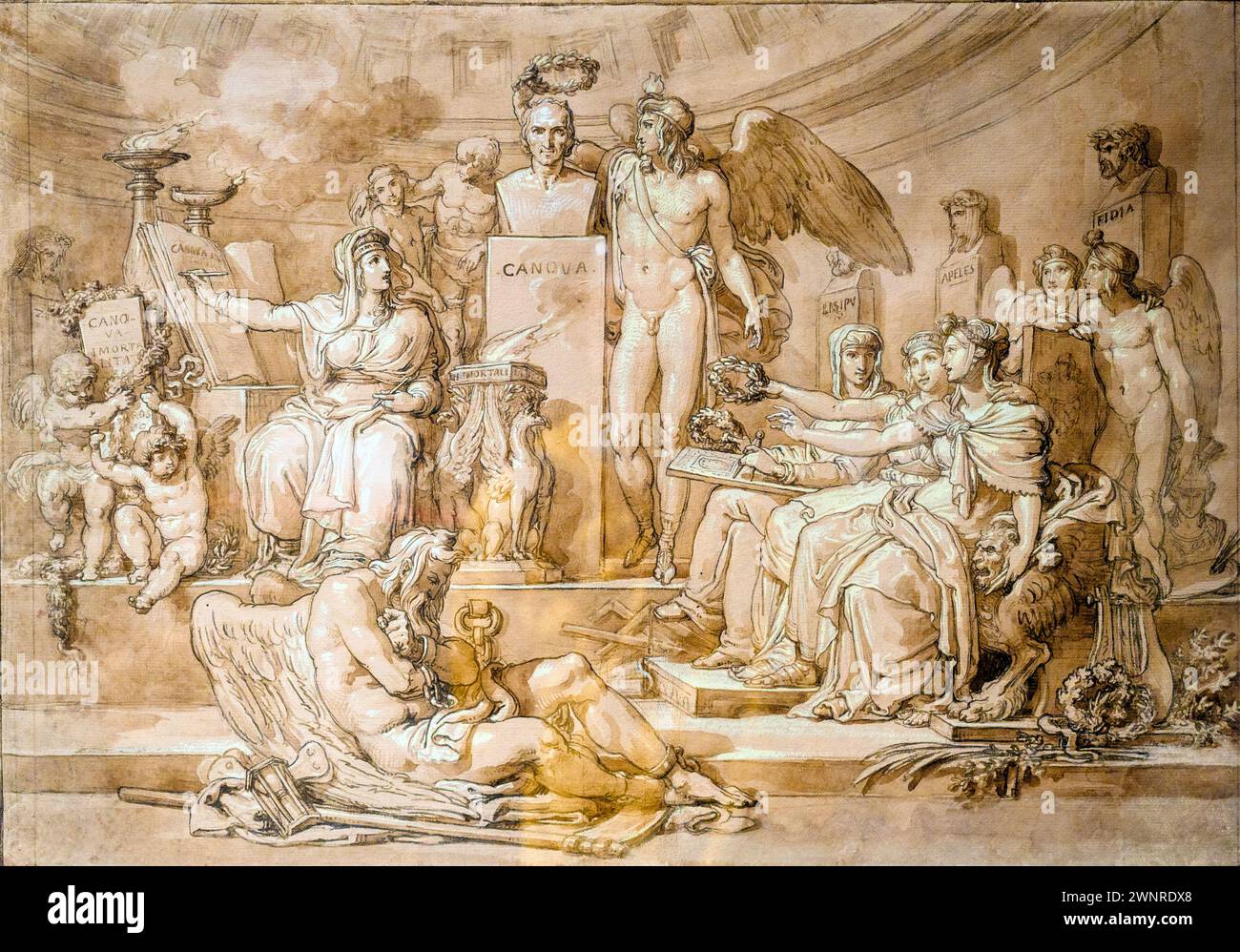 Das Genie der bildenden Künste krönt den Herm von Antonio Canova (1757–1822, italienischer neoklassischer Bildhauer) von Tommaso Minardi (1787–1871) - Fettstift, Stift, braune Aquarelltinte, weißes Elfenbeinpapier, hergestellt mit Pimk-havana Tempera, 1812 - Privatsammlung Stockfoto