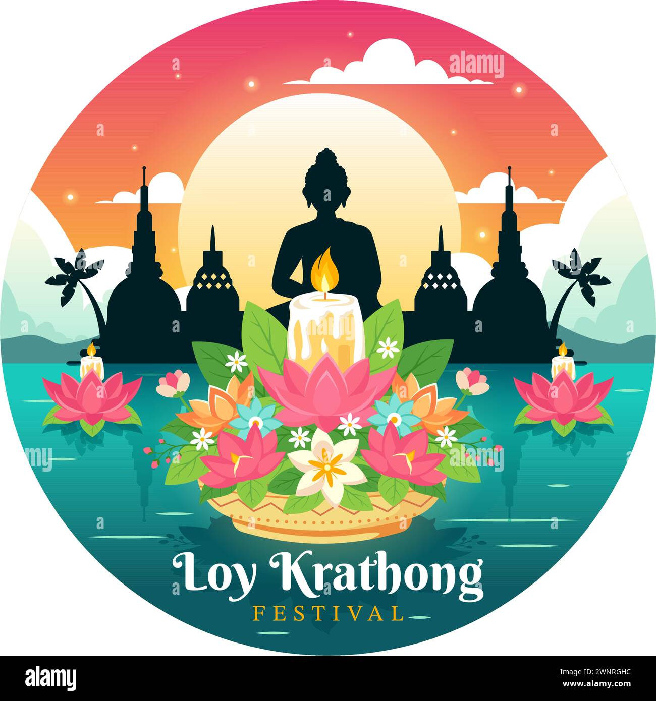 Loy Krathong Vektor-Illustration der Festival-Feier in Thailand mit Laternen und Krathongs, die auf Wasser-Design im flachen Zeichentrickhintergrund schweben Stock Vektor