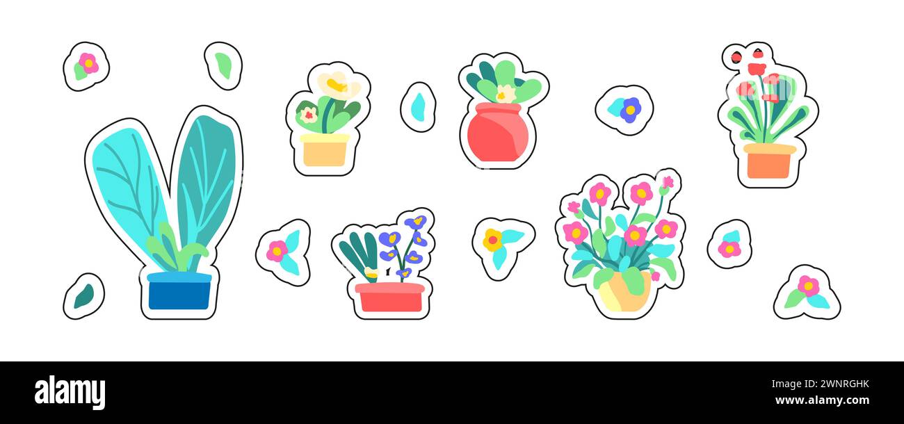 Aufkleber Set mit Frühlings-Zimmerpflanzen. Blumen und Blätter im Topf. Blühende Pflanzen. Blühende Blumen und Laub. Flache grafische Vektorillustration auf weißem Hintergrund. Bunte handgezeichnete Illustration. Stock Vektor