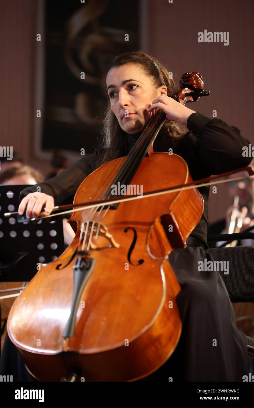 Nicht exklusiv: IWANO-FRANKIVSK, UKRAINE - 2. MÄRZ 2024 - Ein Cellist tritt während des Prykarpattia Spring 2024 Festivals im Ira Malaniuk Ivano-FR auf Stockfoto