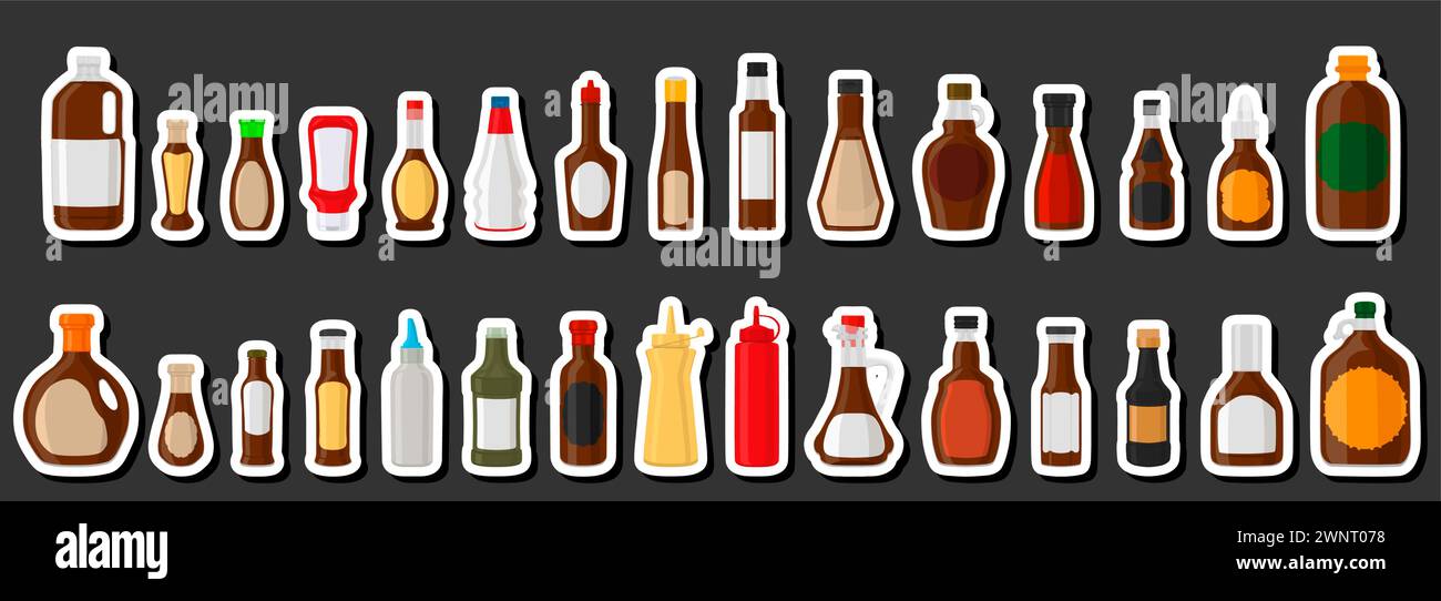 Illustration zum Thema Big Kit verschiedene Glasflaschen gefüllter flüssiger Schokoladensirup, Flaschen bestehend aus Schokoladensirup, leere Etiketten für Titel, ch Stock Vektor