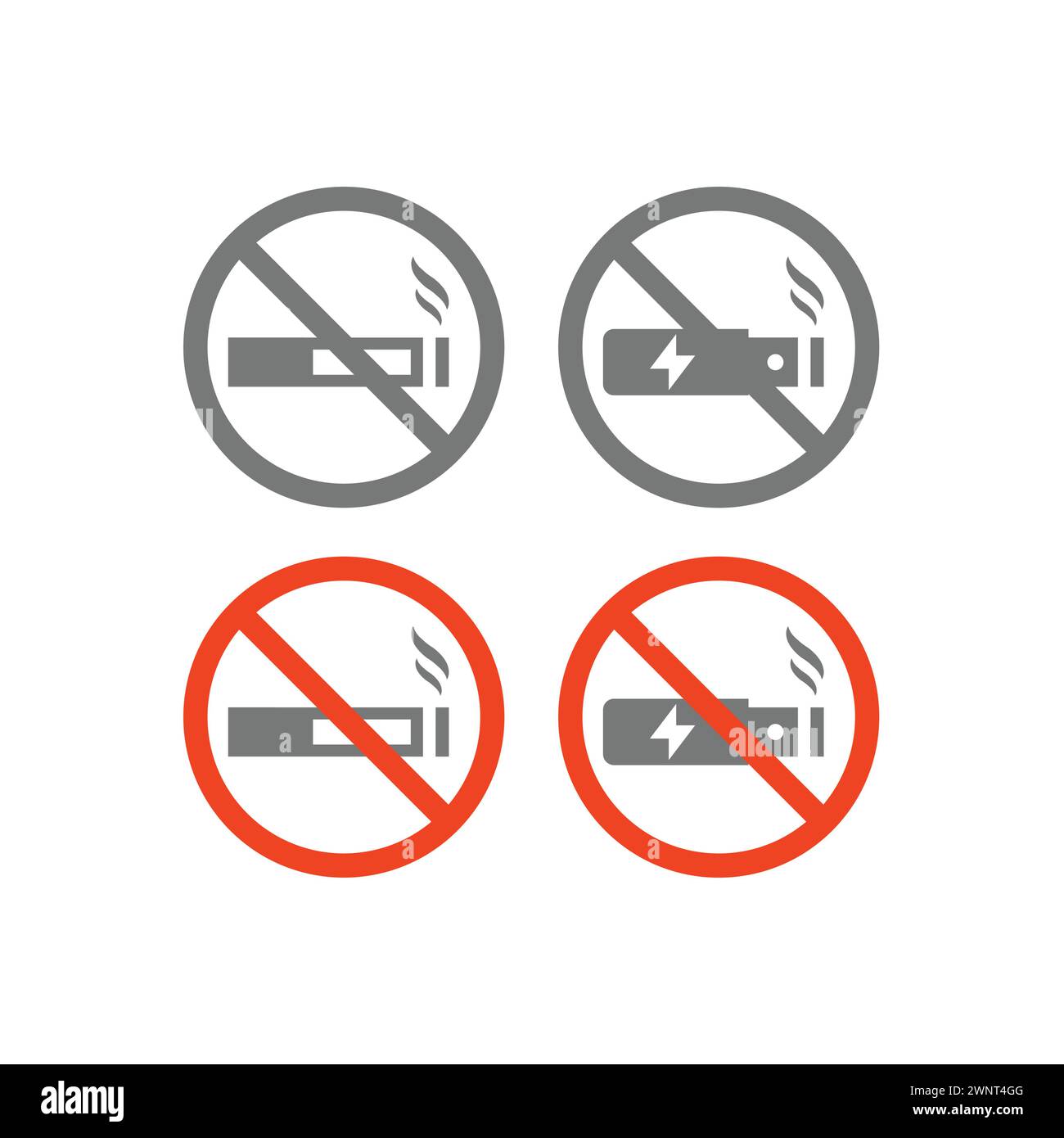 Vektorsymbol für Rauchen und Verdampfen nicht gesetzt. Keine roten Symbole für elektronische Zigaretten. Stock Vektor
