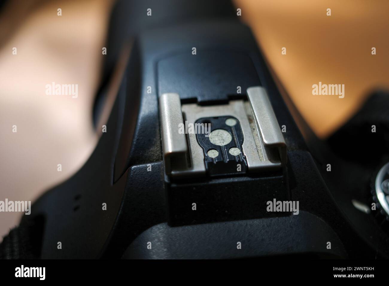 Nahaufnahme eines Blitzschuhs auf einer DSLR-Kamera, flacher Fokus. Stockfoto