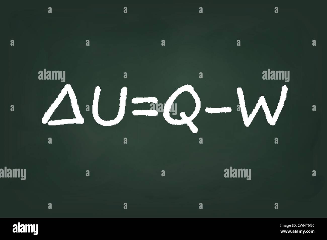 Kreidedarstellung des ersten Hauptsatzes der Thermodynamik, ΔU=Q-W, auf grünem Hintergrund. Stock Vektor