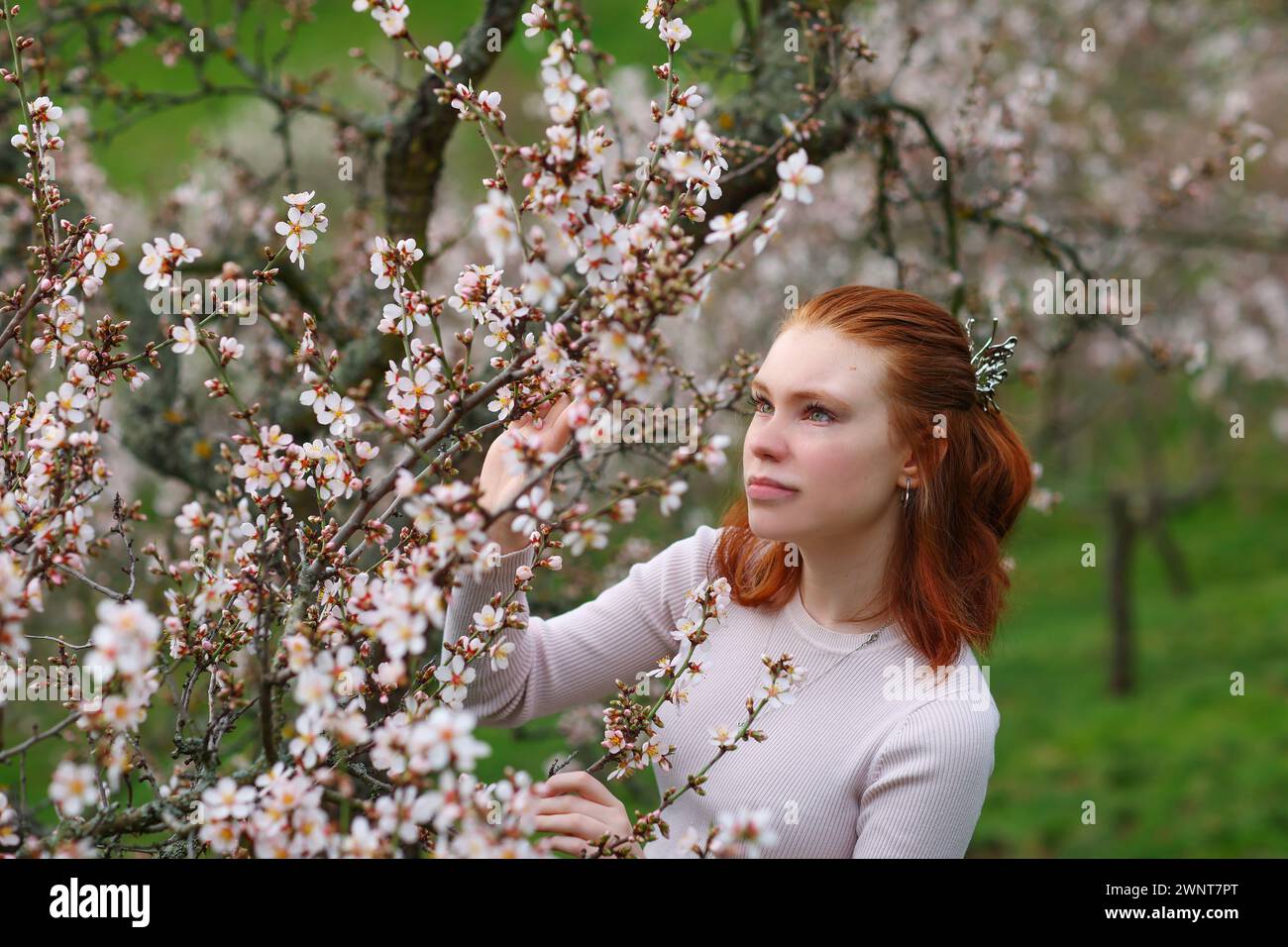 Frühling wunderschönes, romantisches rothaariges Mädchen, das im blühenden Garten steht. Stockfoto