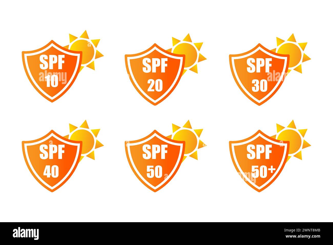 Symbole für Sonnenschutzmittel. Satz flacher LSF-Sonnenschutzsymbole. Symbol für UV-Schutz. Vektorabbildung. Eps 10. Rohbild. Stock Vektor
