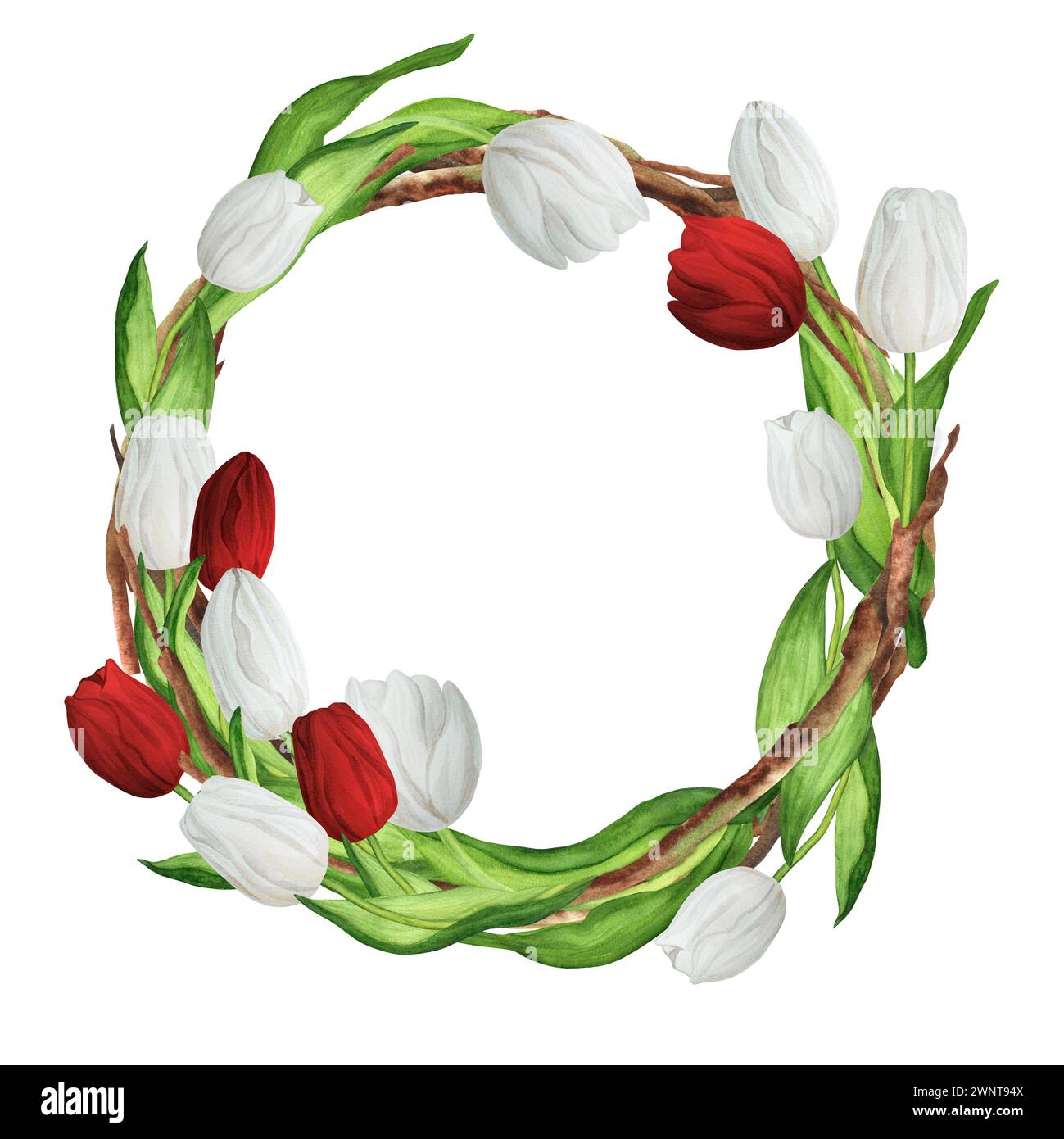 Handgezeichnete Aquarellillustration. Schöner Kranz mit roten und weißen Tulpen und Zweigen Stockfoto