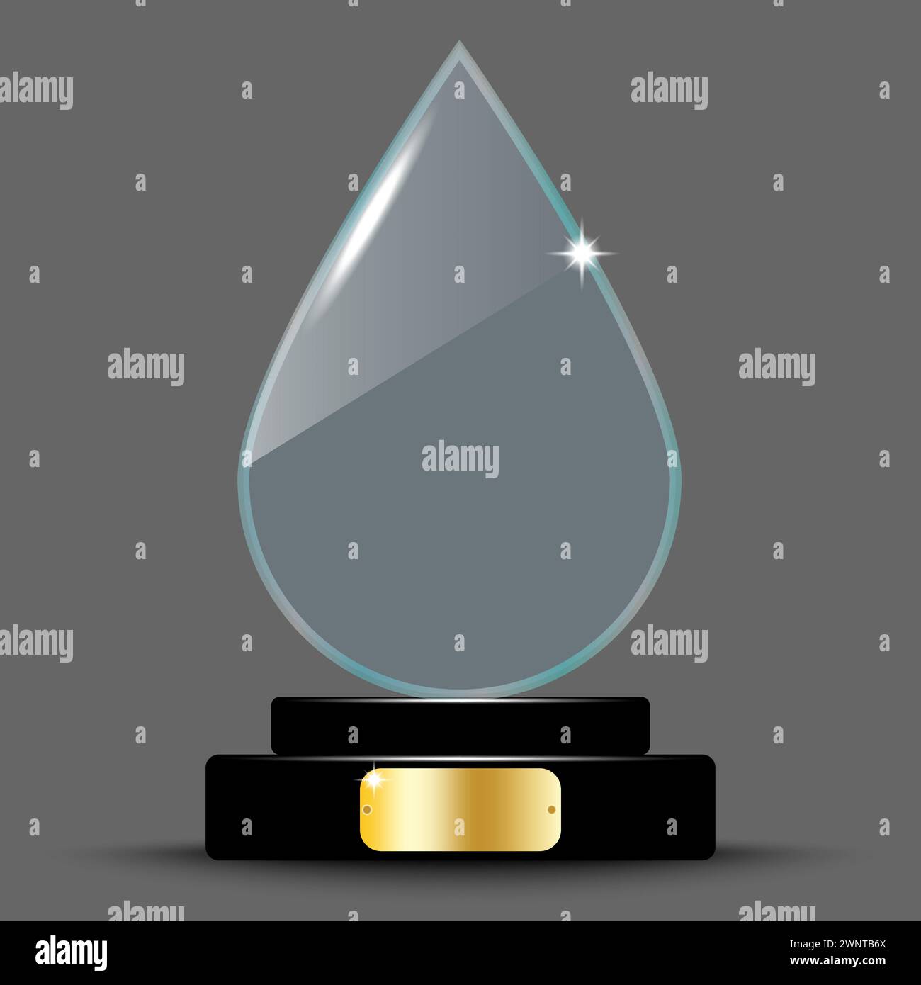Realistisches Design mit Auszeichnung. Glastrophäe in Tropfenform. 3D-Kristalltropfen aus Acrylglas. Vektorabbildung. Rohbild. EPS 10. Stock Vektor