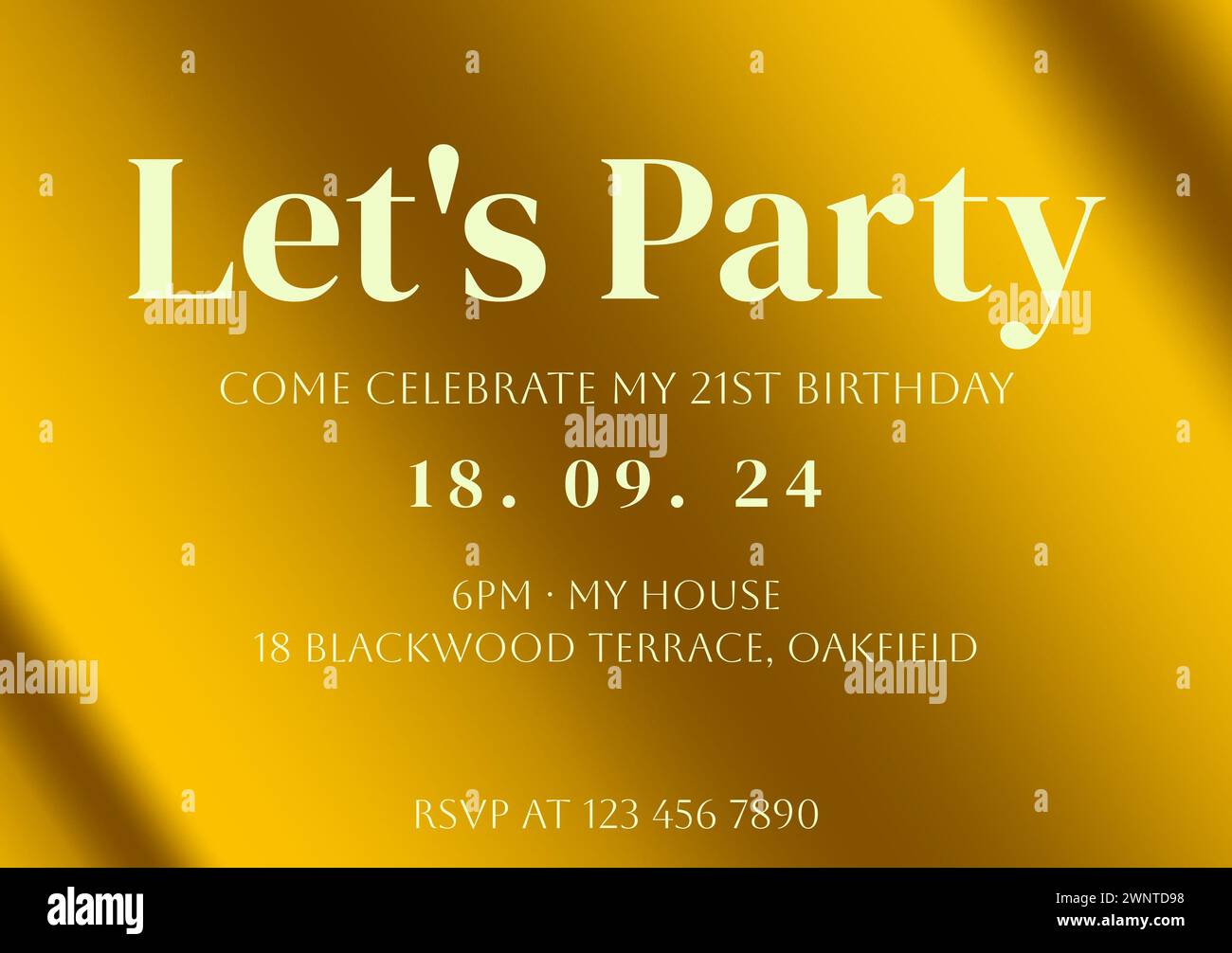 Feiern Sie stilvoll, goldene Geburtstagseinladung Stockfoto