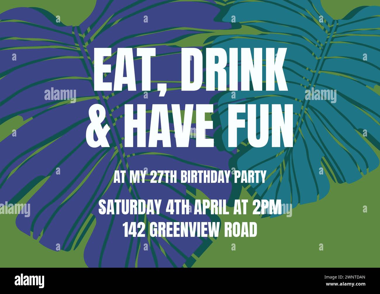 Einladungsvorlage mit kräftigen tropischen Blättern für eine lebendige und festliche Atmosphäre Stockfoto