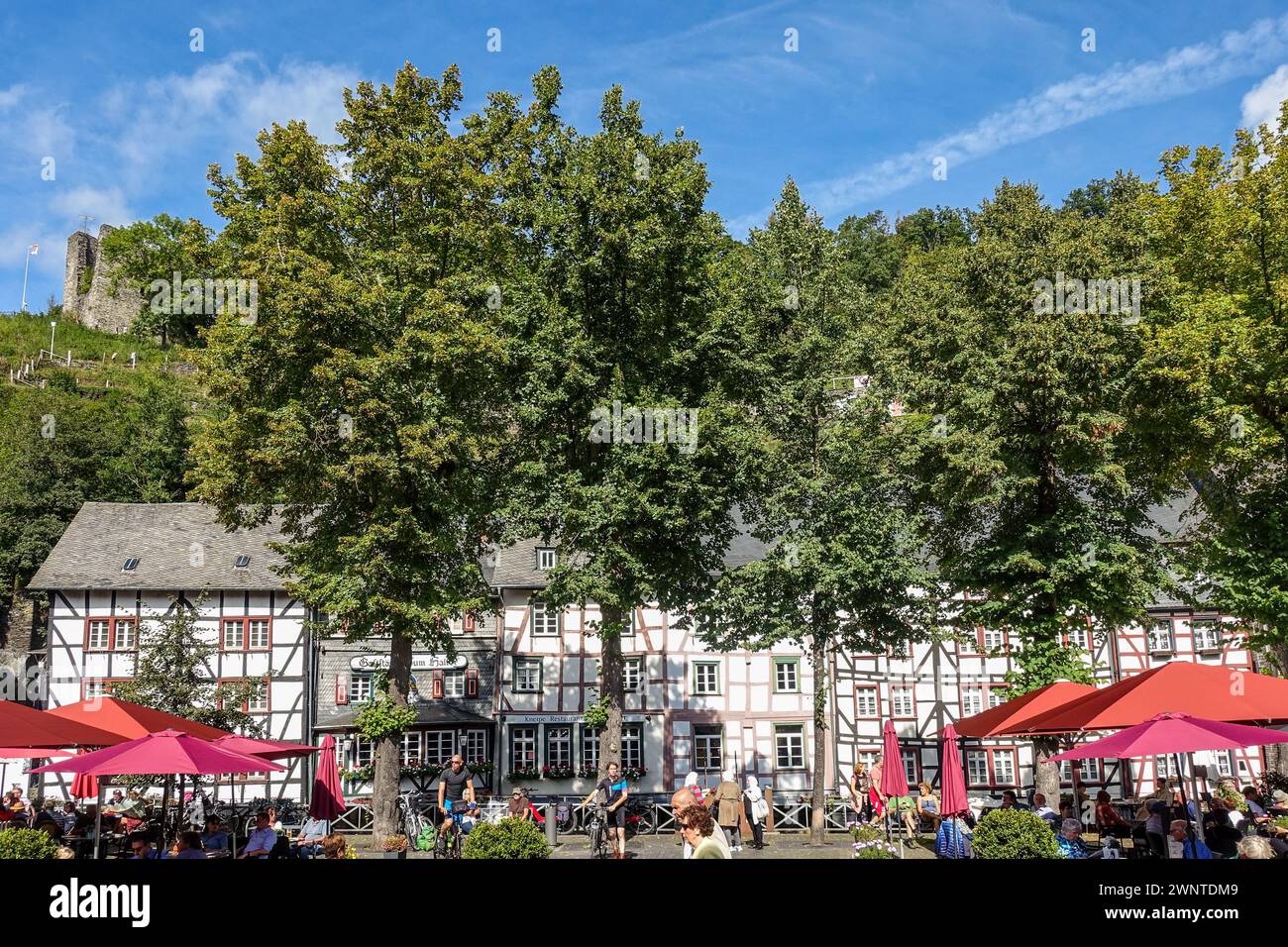 Malerisches europäisches Dorf (Monschau, Deutschland) mit Fachwerkhäusern und einer blumengesäumten Brücke über einen Bach mit grünen Hügeln im Hintergrund Stockfoto