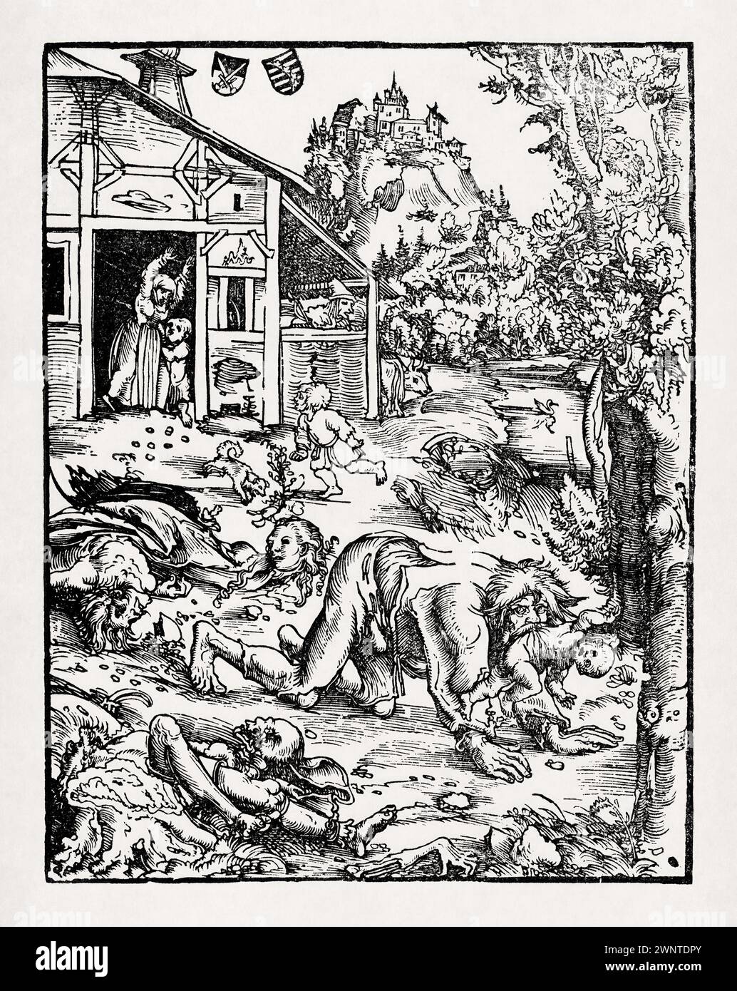 Holzschnitt ohne den Titel „der Werwolf oder der Kannibale“ von Lucas Cranach dem Älteren aus dem Jahr 1512. Stockfoto