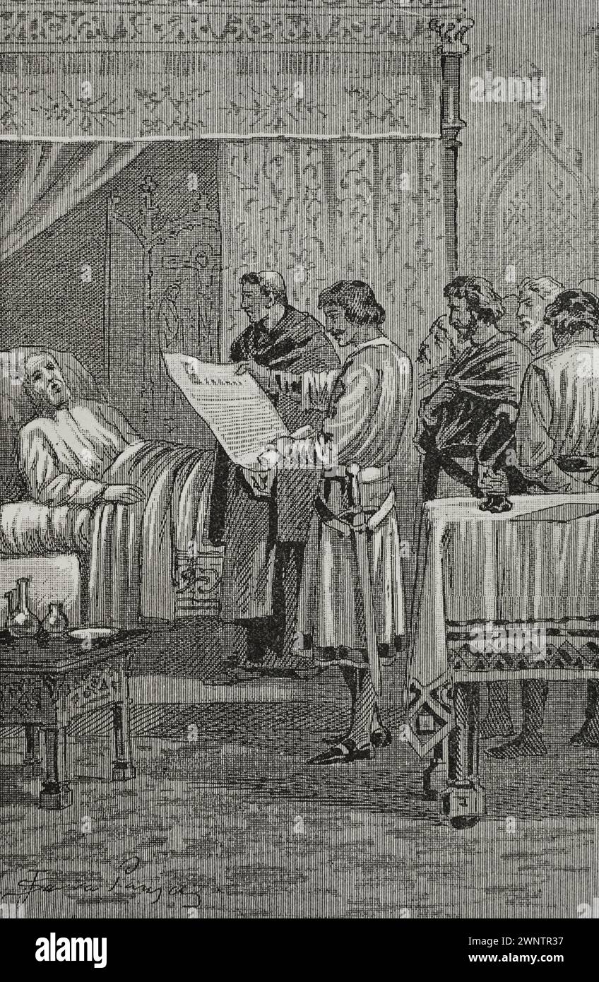 Martin I. von Aragon, sogenannter Humane (1356-1410). König von Aragon, Valencia, Mallorca, Korsika und Sardinien und Graf von Barcelona (1396-1410). Martin der Mensch auf seinem Sterbebett. Stich von Serra Pausas. „Glorias Españolas“ (Glorias von Spanien). Band II Veröffentlicht in Barcelona, 1890. Stockfoto