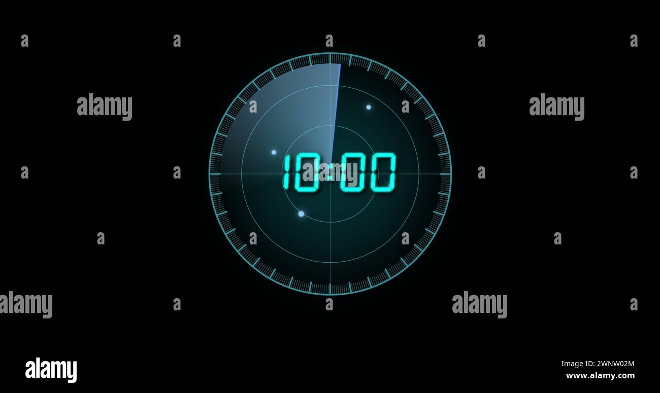 Bild des blauen Digitaluhrers, der sich im Kreis über schwarzem Hintergrund ändert Stockfoto