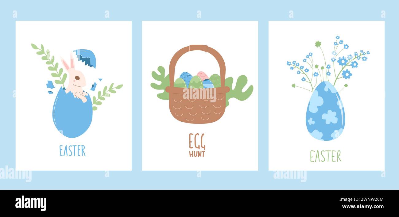 Osterjagd Eier Poster Vorlage mit Dekoration und Text. Kaninchen mit Korbblumen vertikale Banner. Sammlung von Grußkarten für den Frühling. Vec Stock Vektor