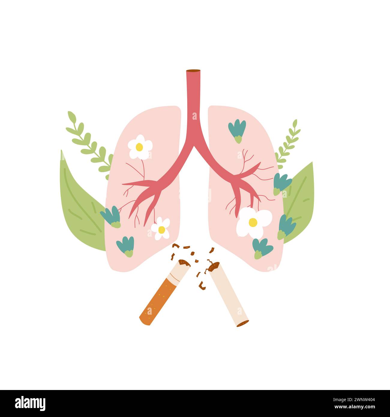 Rauchen Sie keine Karte mehr. Nationale Nichtraucherwoche. Welt kein Tabak Tag. Zigarette und Lunge mit Blumen. Illustration der Vektorabwicklung Stock Vektor