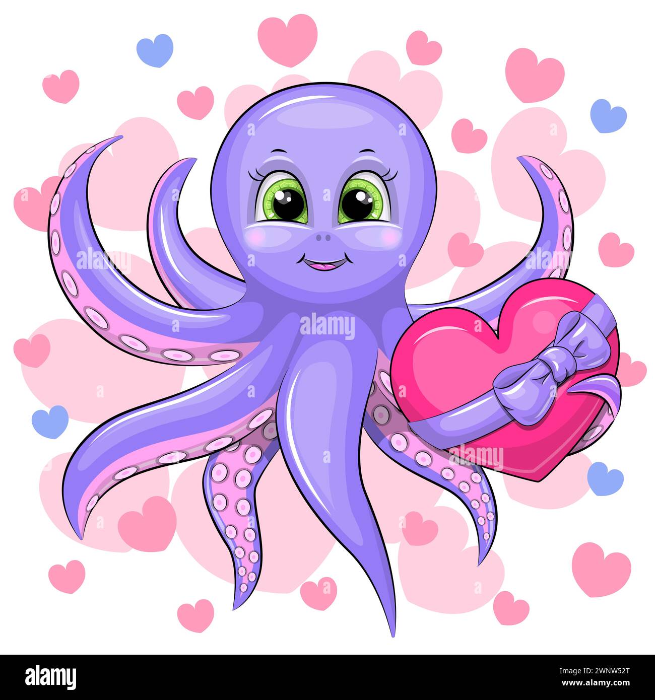 Niedlicher Karikaturkrake, der ein Herz mit lila Schleife hält. Vektorillustration eines Tieres auf einem weißen Hintergrund mit rosa und blauen Herzen. Stock Vektor