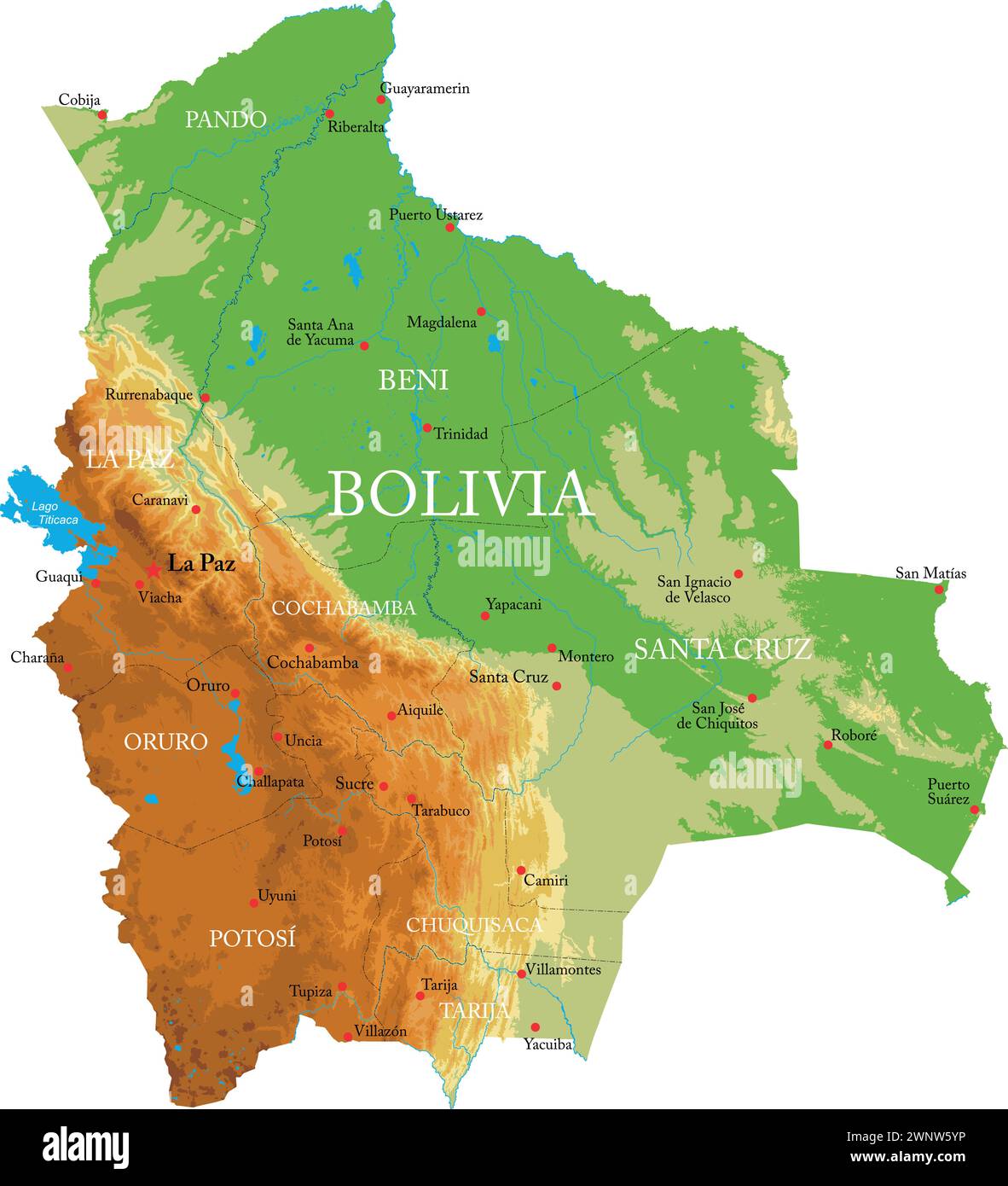 Sehr detaillierte physische Karte Boliviens im Vektorformat mit allen Reliefformen, Regionen und Großstädten. Stock Vektor
