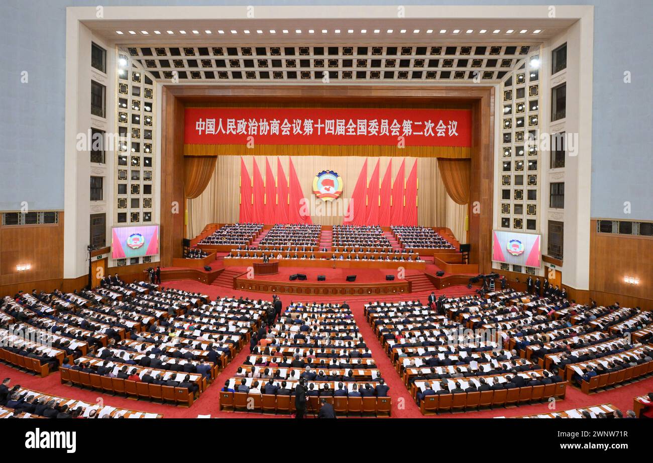 Peking, China. März 2024. Die Eröffnungssitzung der zweiten Sitzung des 14. Nationalen Komitees der Politischen Konsultativkonferenz des chinesischen Volkes (KPCC) findet am 4. März 2024 in der Großen Halle des Volkes in Peking, der Hauptstadt Chinas, statt. Quelle: Li He/Xinhua/Alamy Live News Stockfoto