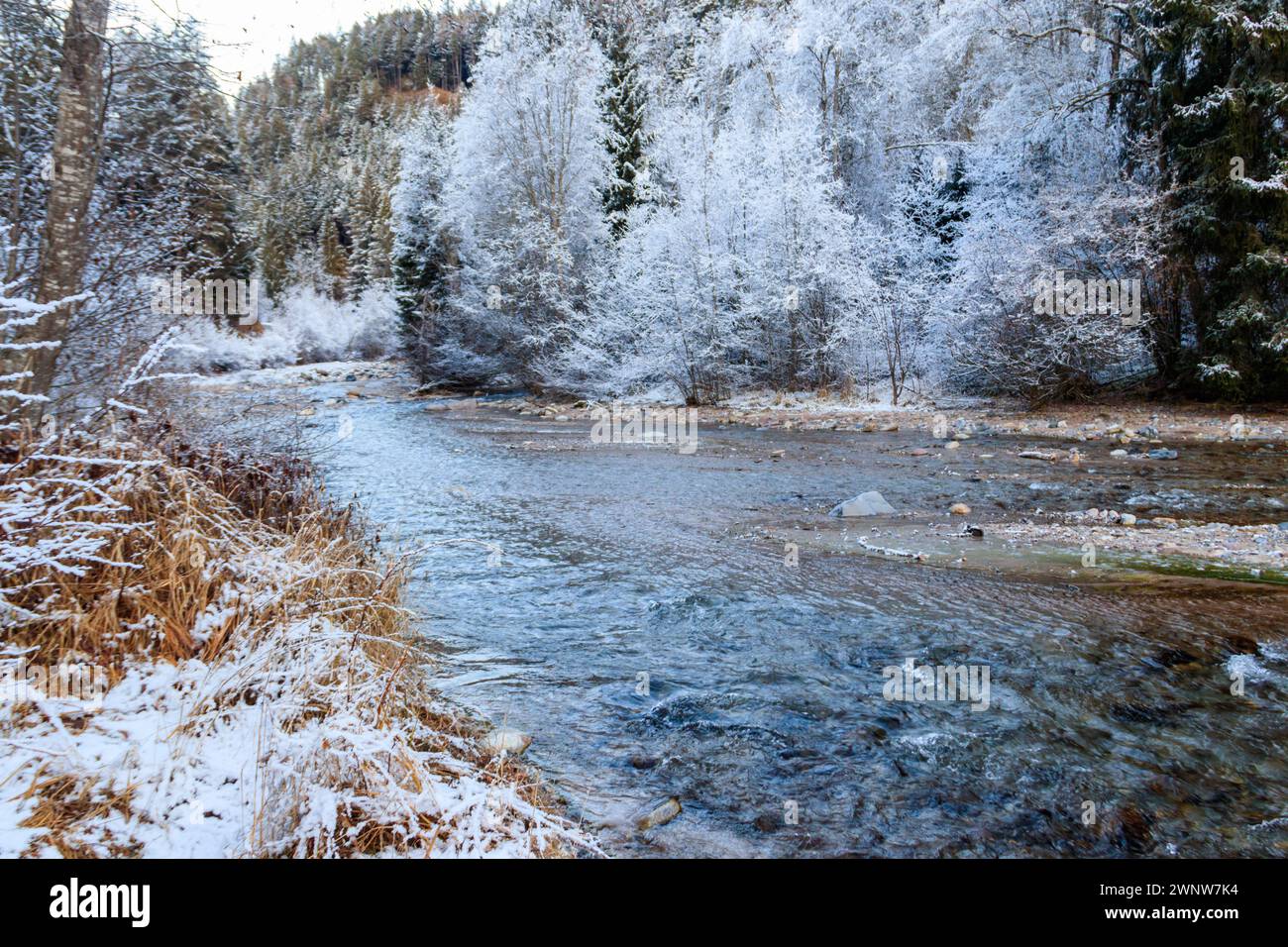 Blick auf den Winterfluss in den Schweizer Alpen, Schweiz. Schneebedeckte Berglandschaft Stockfoto