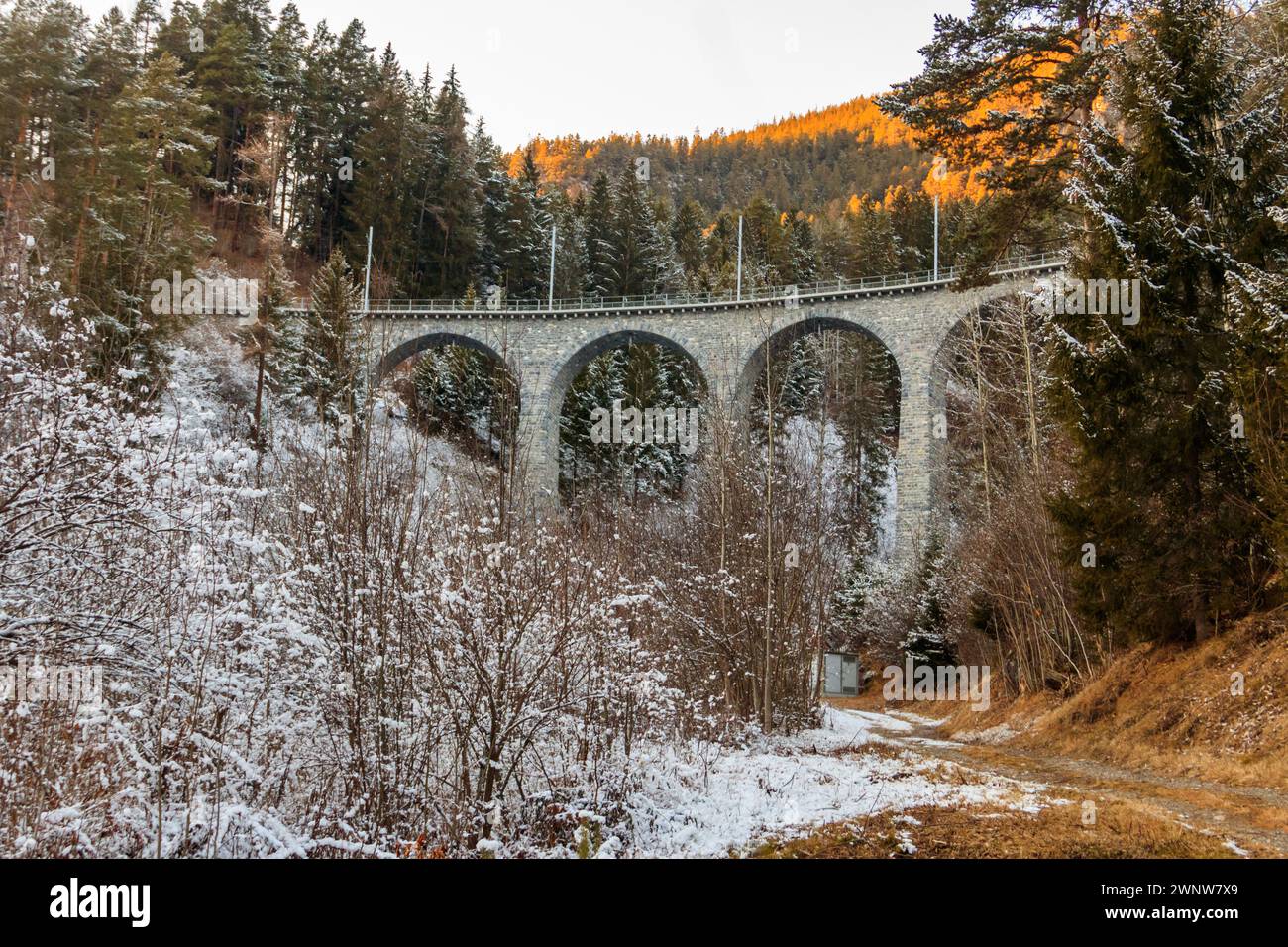 Blick auf das Landwasserviadukt, Rhätische Bahn, Graubünden in der Schweiz im Winter Stockfoto