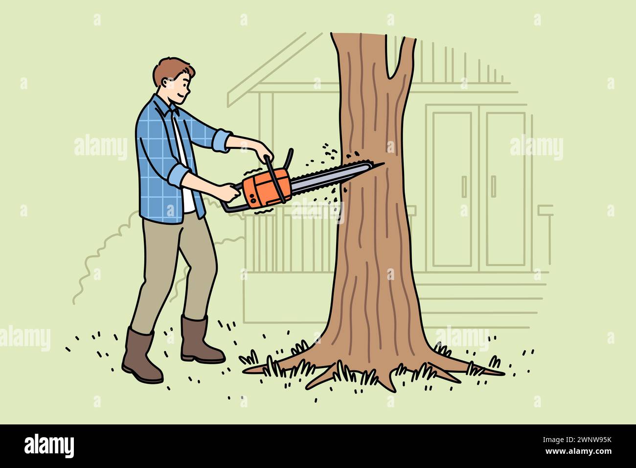 Man Holzfäller benutzt eine Kettensäge, um alte, kranke Bäume loszuwerden, die in der Nähe des Hauses wachsen. Der junge Mann arbeitet als Holzfäller und hilft den Bewohnern von Landhäusern, den Bereich von unnötigen Bäumen zu befreien. Stock Vektor