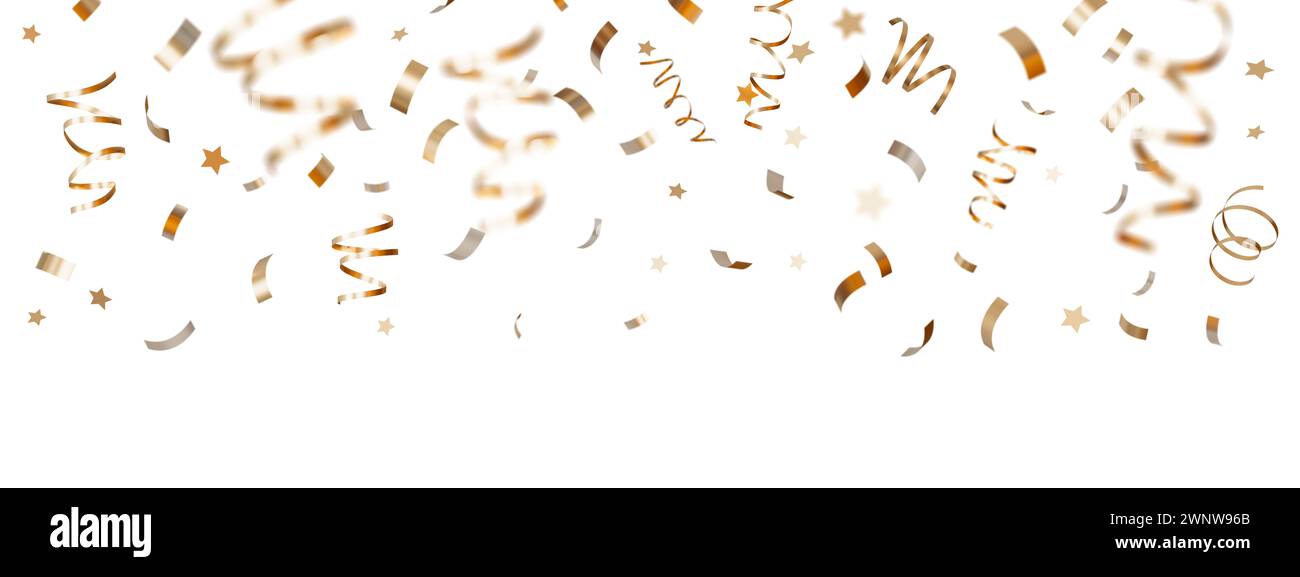 Elegantes goldenes Konfetti und Sterne isoliert auf weißem, sauberem Hintergrund, perfekt für Festthemen, festliche Dekorationen, Weihnachtsverkäufe und Stockfoto
