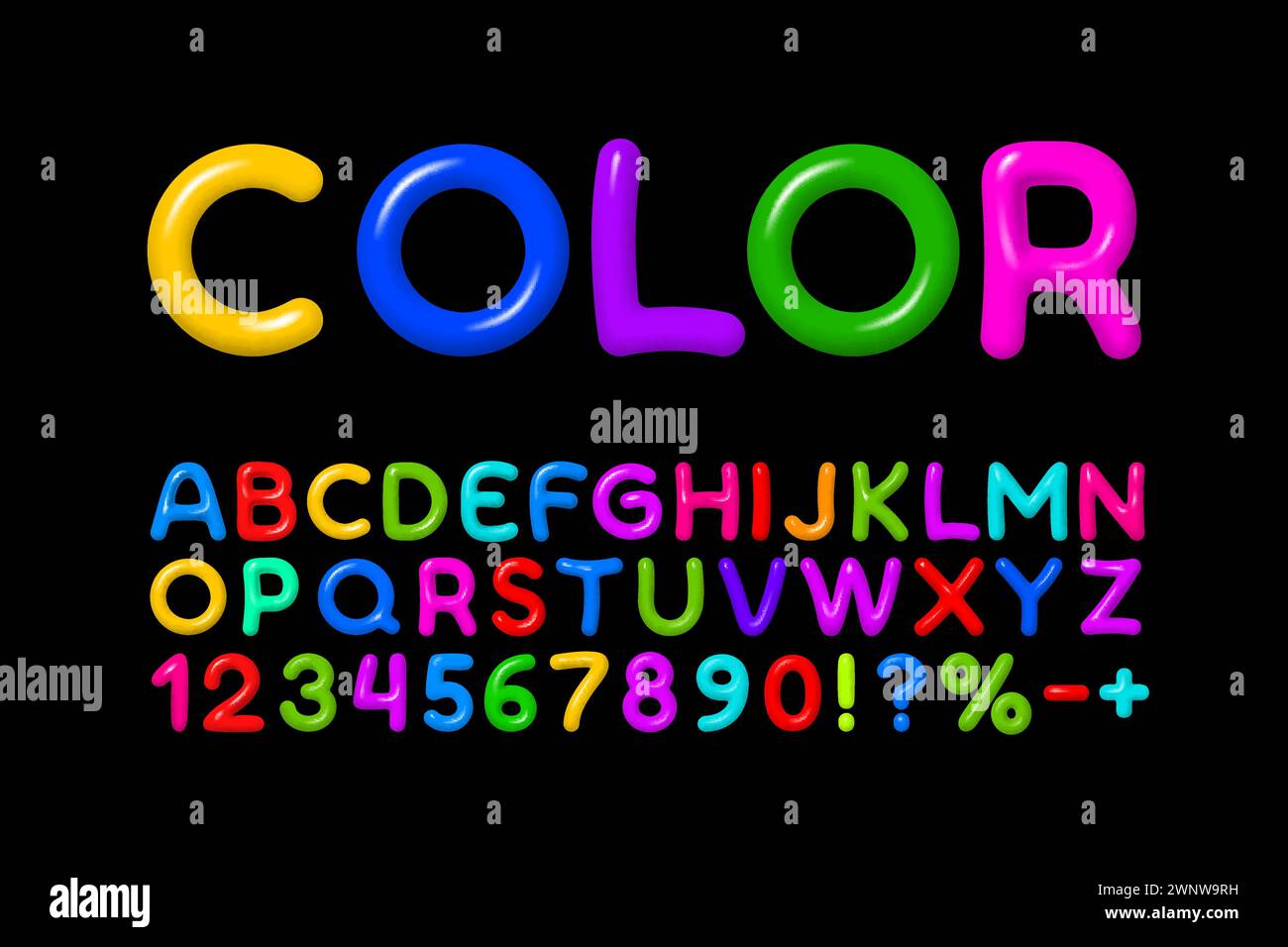 Farbschrift, fröhlich bunt. Englisches Alphabet und Nummernzeichen. Vektor Stock Vektor