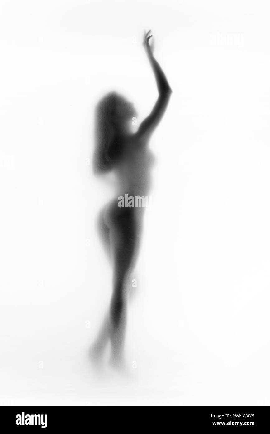 Schwarz-weiß-Ästhetik. Monochromes Bild der zarten weiblichen Silhouette. Weibliches Modell posiert vor hellem Hintergrund Stockfoto