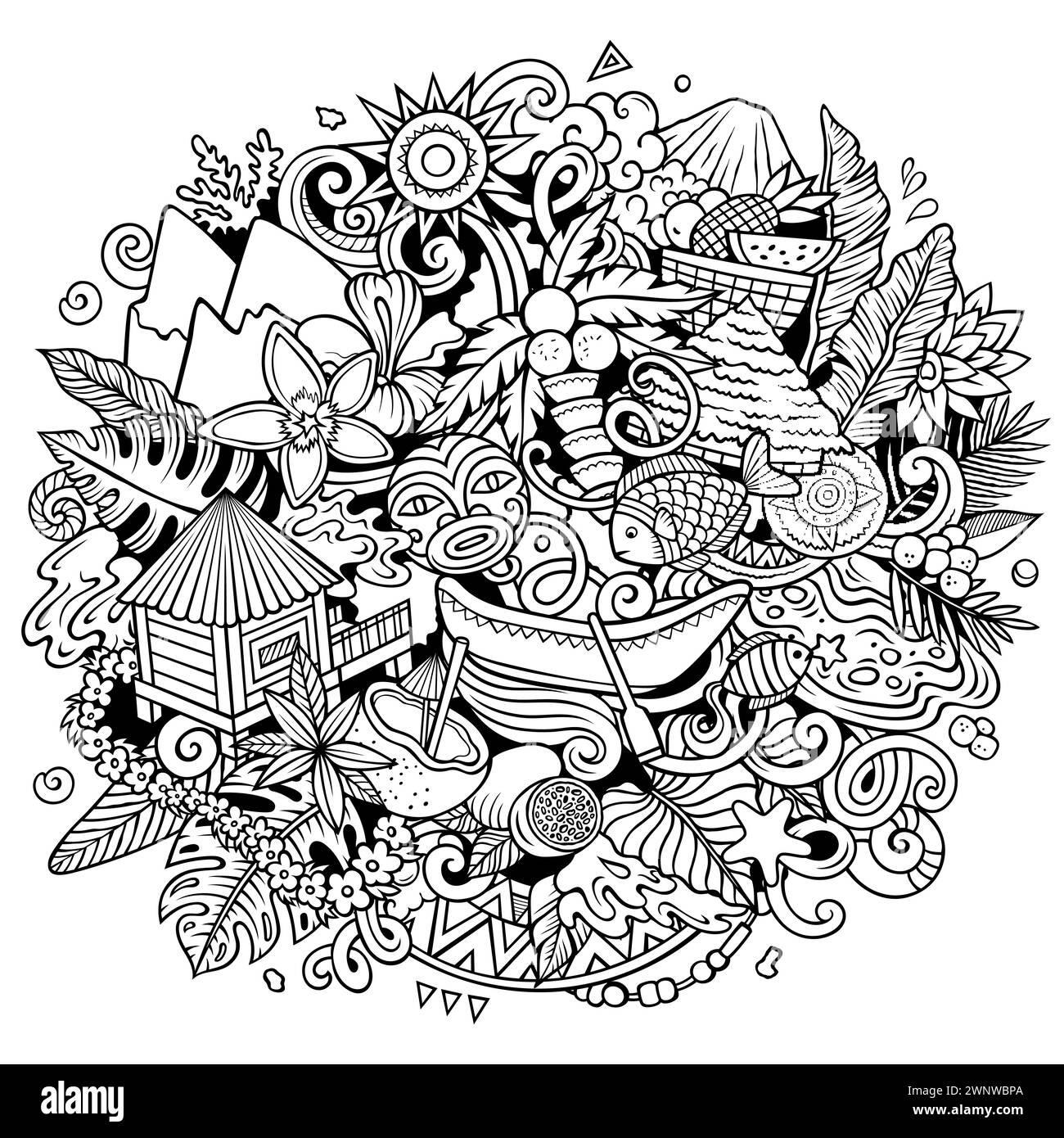 Tahiti handgezeichnete Zeichentrickgrafik-Kritzelillustration. Kreativer lustiger Vektor-Hintergrund mit Französisch-Polynesien-Elementen und -Objekten. Line Art Komposition Stock Vektor