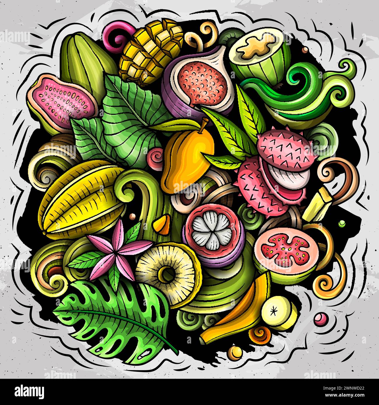 Exotische Früchte Karikaturvektorkritzelillustration. Tropische Lebensmittelelemente und Objekte Hintergrund. Leuchtende Farben lustiges Bild. Alle Elemente sind getrennt Stock Vektor