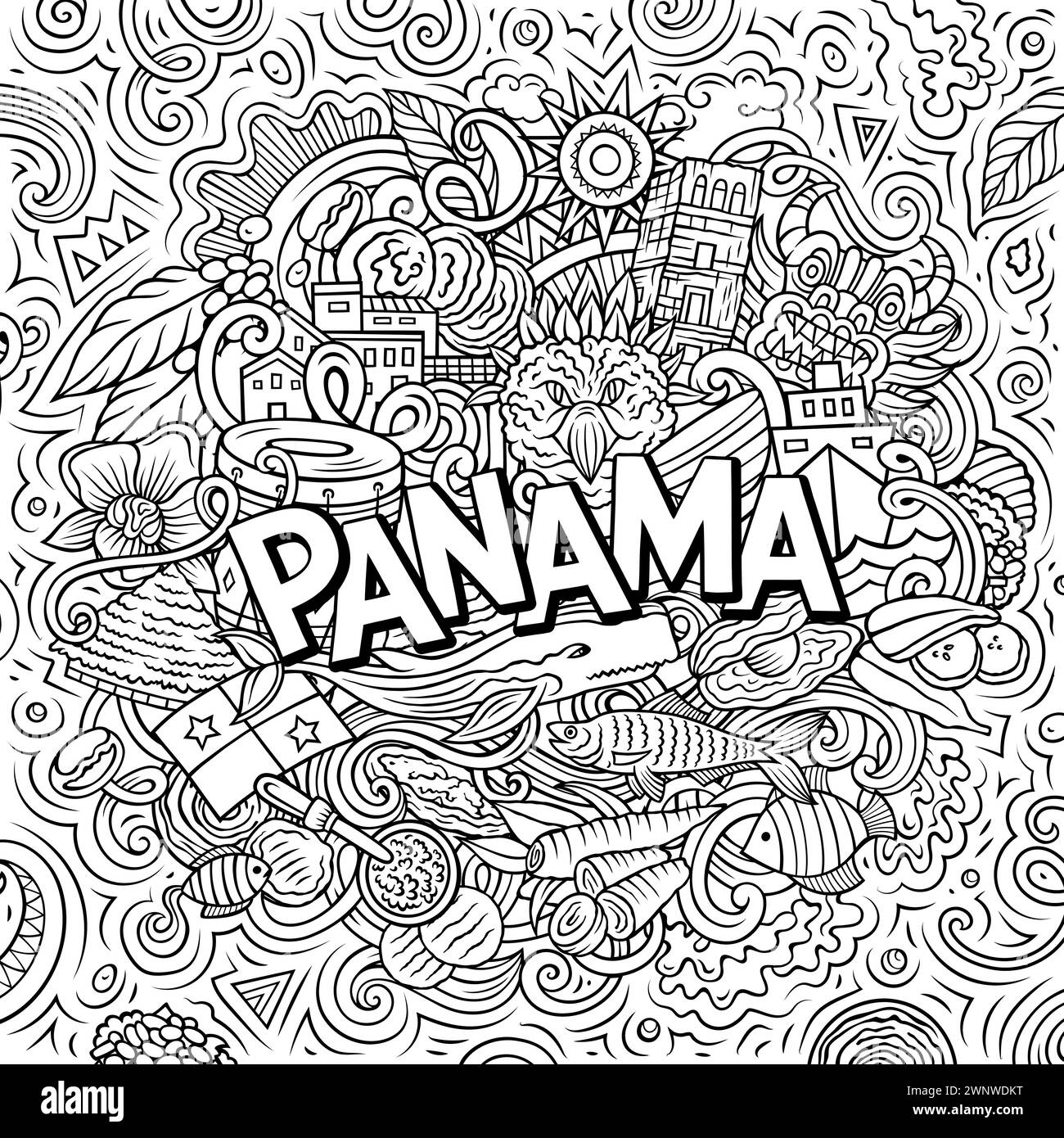 Vektor lustige Kritzelillustration mit Panama Thema. Lebendiges und auffälliges Design, das das Wesen der zentralamerikanischen Kultur und Traditionen einfängt Stock Vektor