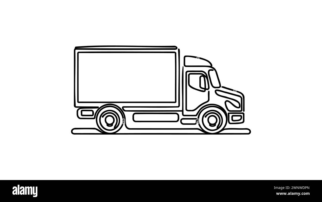 Ein durchgehend gezeichneter Sketch-Truck mit einer einzelnen Art-Linie und Cargo Trailer fahren. Konzept des globalen Containertransports, Logistik von Expor Stock Vektor