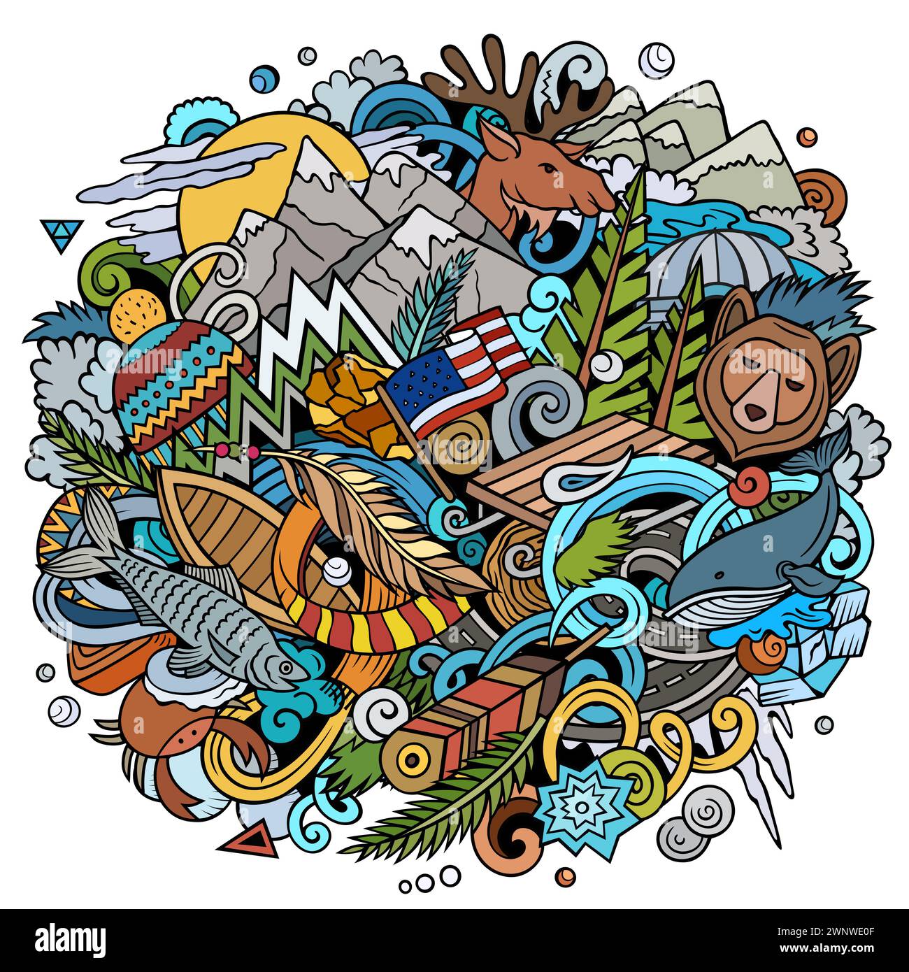 Alaska handgezeichnete Zeichentrickgrafik-Kritzelillustration. Lustiges US State Design. Hintergrund kreativer Kunstvektoren. Farbenfrohe Komposition Stock Vektor