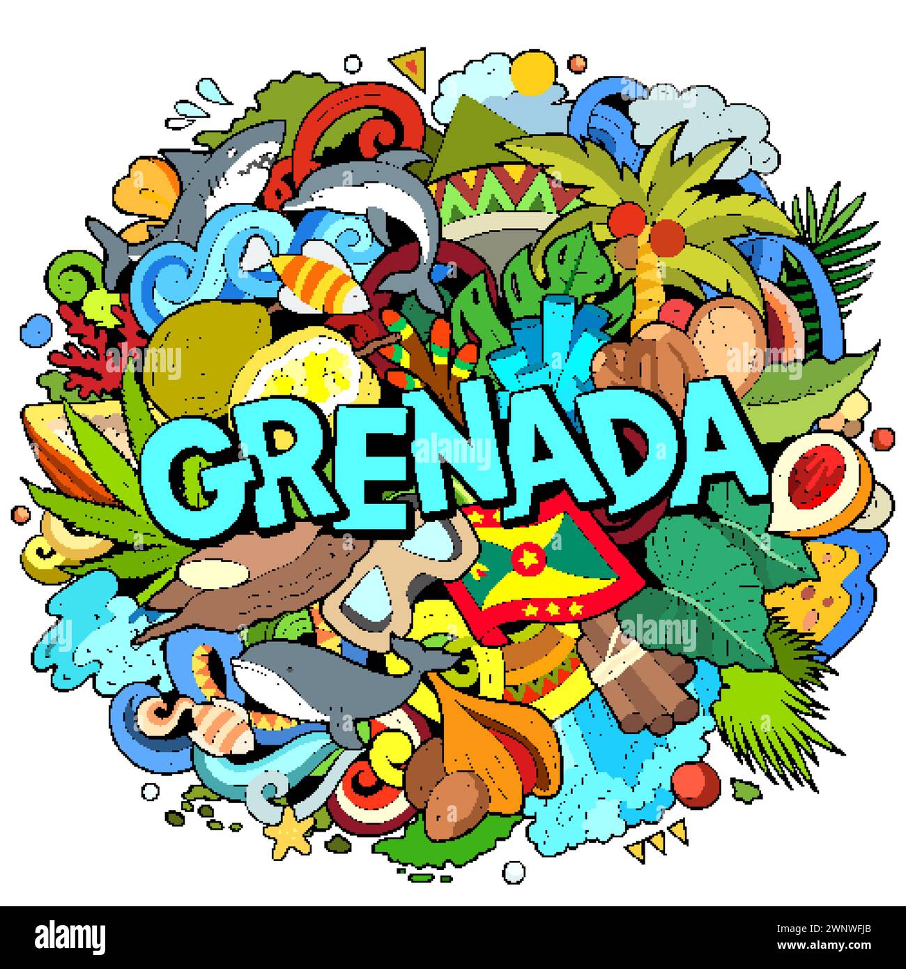 Grenada Comic Doodle Illustration. Lustiges lokales Design. Stock Vektor