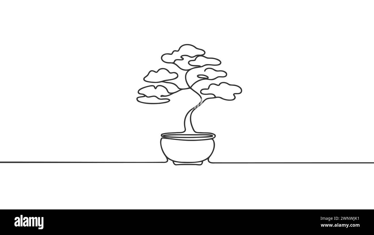 Eine Linie kontinuierlicher Bonsai. Minimaler Baum im Pot-Banner. Strichgrafik, Silhouette, Kontur, Vektorillustration. Stock Vektor
