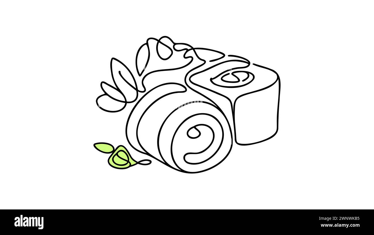 Vektordurchgehende einzeilige Zeichnung von Sushi-Rollen in Silhouette auf weißem Hintergrund. Linear formatiert Stock Vektor