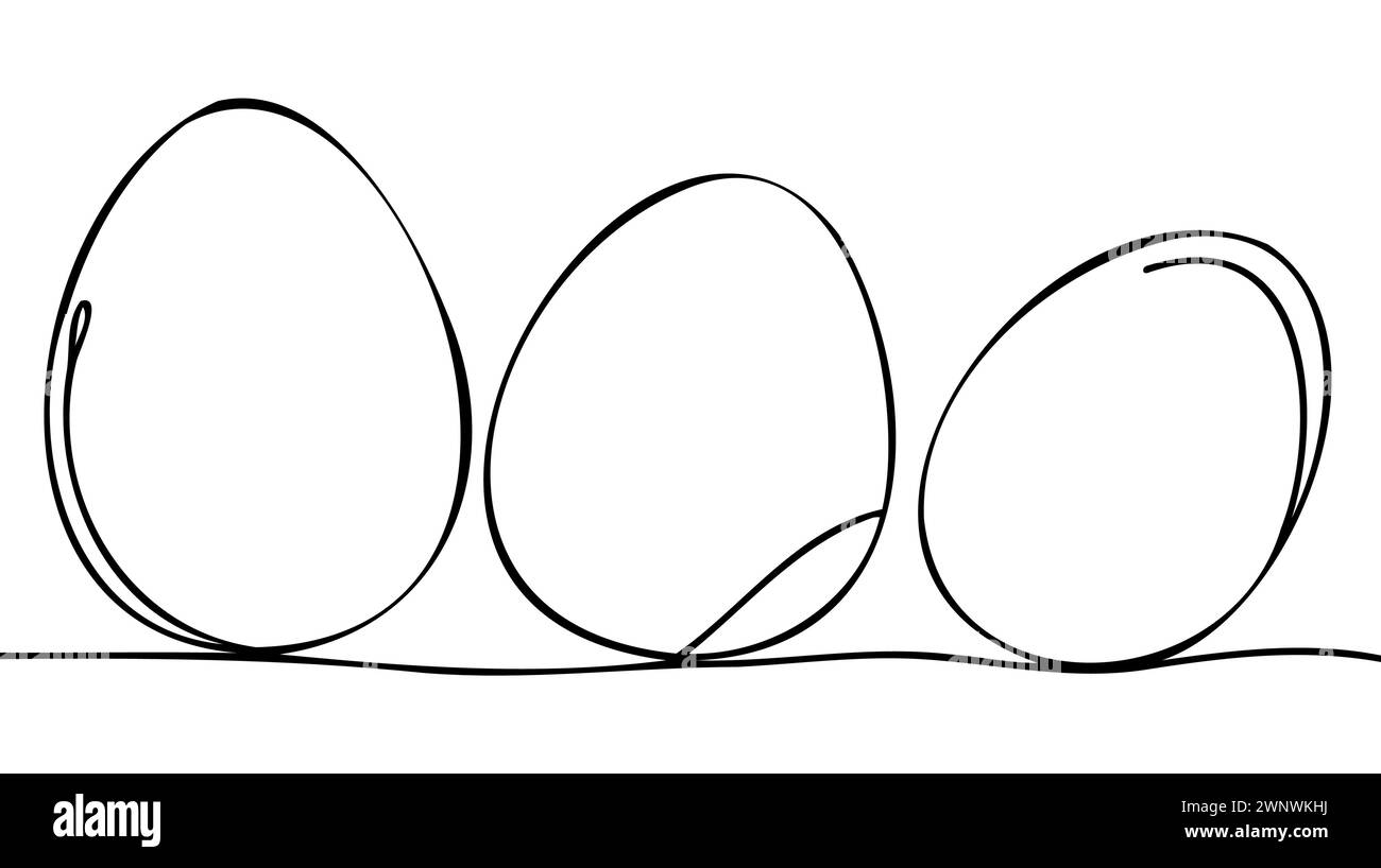 Eierlinien-Kunst, durchgängige einzeilige Zeichnung des ganzen Eies in der Schale, Schwarzweiß-Grafiken. Stock Vektor